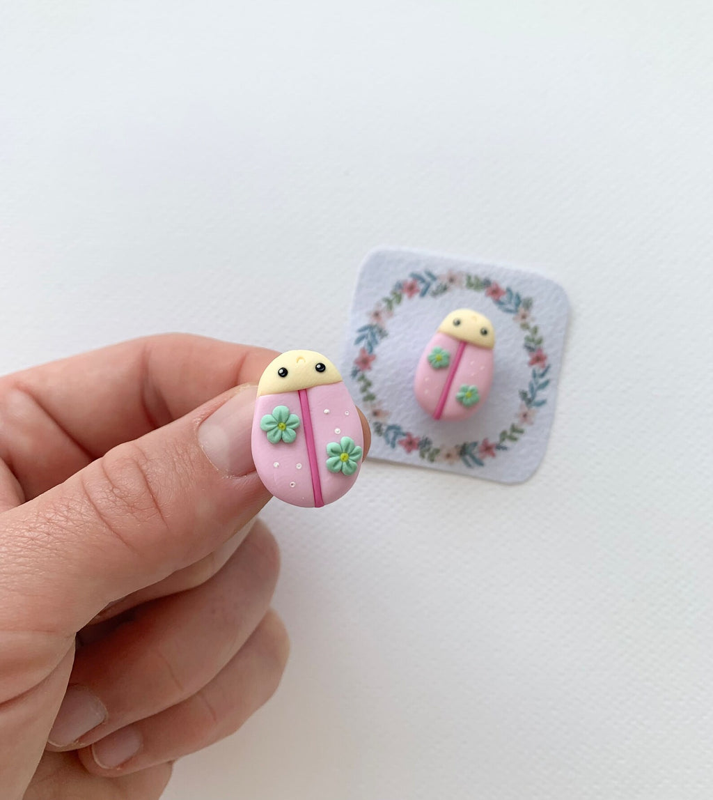 Polymer Clay Ladybug Brooch - Pink Floral Pin