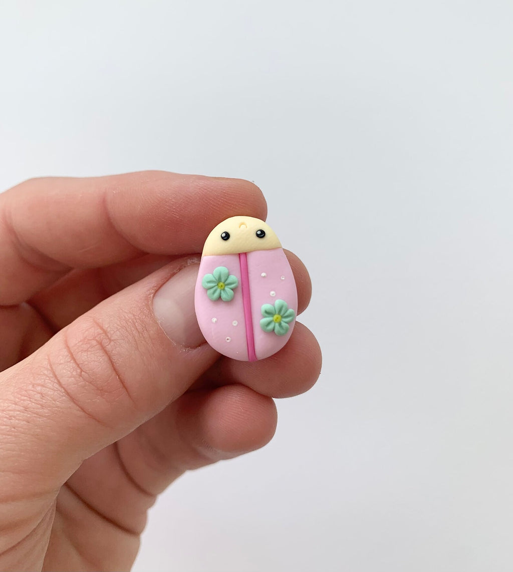 Polymer Clay Ladybug Brooch - Pink Floral Pin